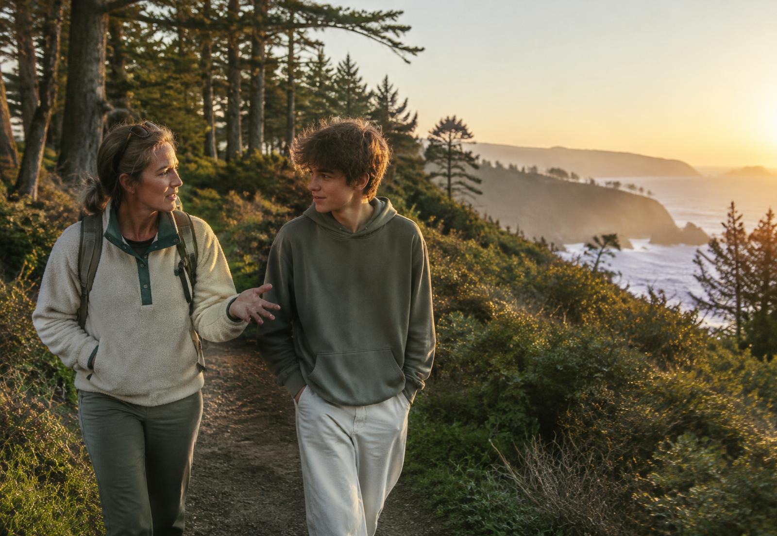 Parent and teen walking a coastal trail at sunset